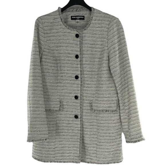 Karl Lagerfeld Paris Blazer Women's Size 16 Black/White Tweed Fringe Long Jacket - Picture 5 of 12